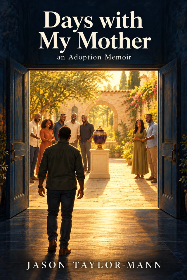 Alternate cover artwork for Days With My Mother: A man walks through an open doorway toward seven family members and a purple and gold urn in a sunlit courtyard.