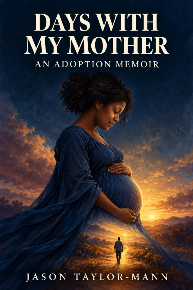 Alternate cover artwork for Days With My Mother: An expectant mother in a flowing blue dress above a man walking toward a golden sunset.