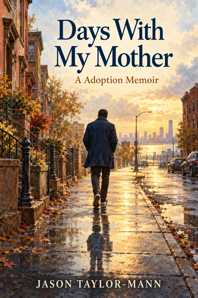 Alternate cover artwork for Days With My Mother: A man walks along a New York neighborhood street, with the reflection of a child in a puddle.