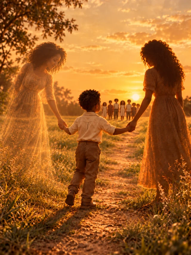 Alternate cover artwork for Days With My Mother: A child holds hands with two mother figures on a sunlit path toward seven children.