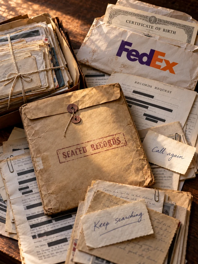 Alternate cover artwork for Days With My Mother: Sealed records, a birth certificate, a FedEx envelope, and handwritten reminders to keep searching.