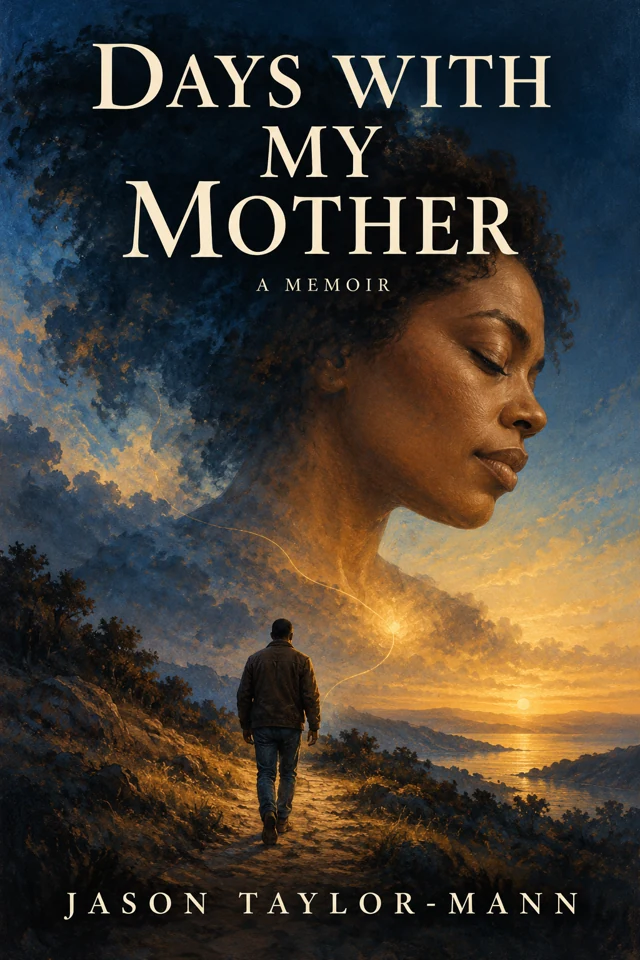 Alternate cover artwork for Days With My Mother: A mother’s profile fills a blue and gold sky above a man following a path at sunset.