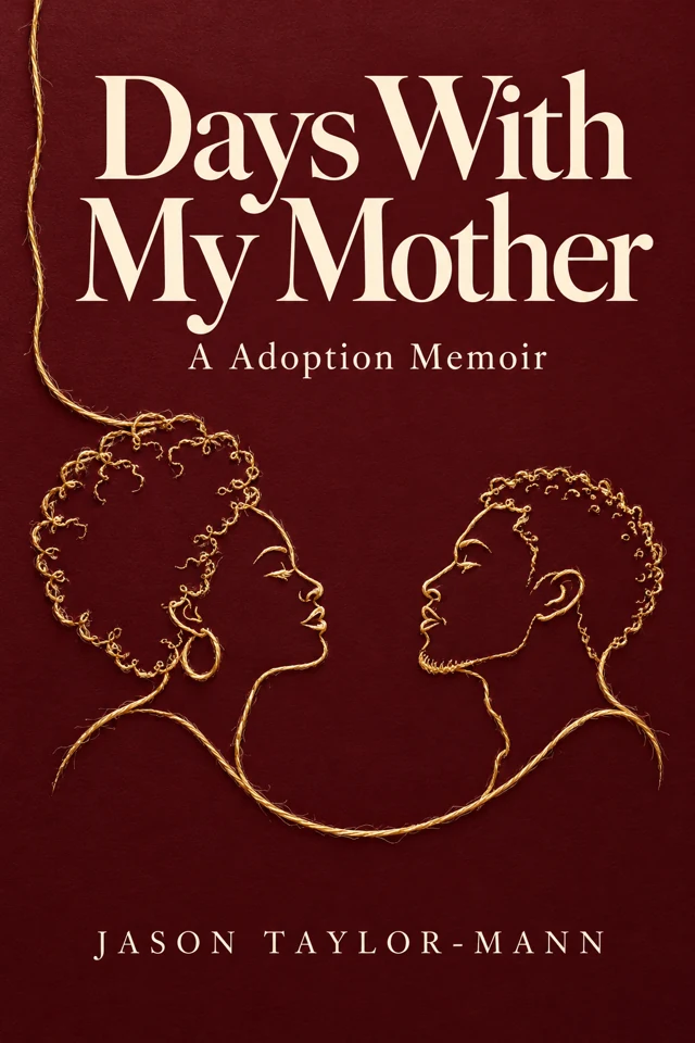 Alternate cover artwork for Days With My Mother: Mother and son profiles outlined in a continuous golden thread against burgundy.