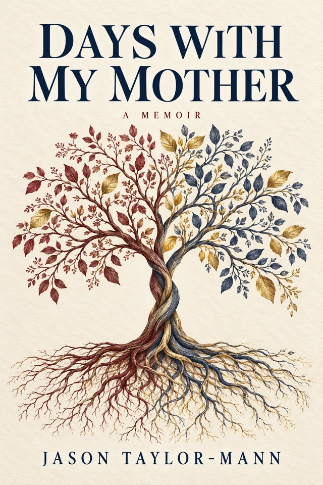 Alternate cover artwork for Days With My Mother: A family tree with intertwined burgundy, navy, and gold branches and roots against cream paper.